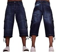 Firetrap Mens 3/4 Length Cargo Pants Denim Jean Cargo Short Cotton Summer Casual Capri Cropped Trousers with Multi Pockets Dark Wash 32