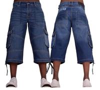 Firetrap Mens 3/4 Length Cargo Pants Denim Jean Cargo Short Cotton Summer Casual Capri Cropped Trousers with Multi Pockets Stone Wash 32