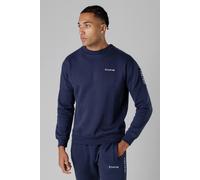 Firetrap Men's Brushed Fleece Crew Neck Sweatshirt with Logo Strip Sleeves in Dark Navy | Size: Medium Firetrap Dark Navy M