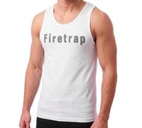 Firetrap Mens Designer Vest - White Horizontal Chest Logo Sleeveless Tank Top - 100% Polyester Waffle Fabric - Summer Fashion, Gym, Training & Beachwear - S to XXL