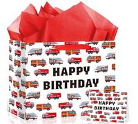 Firetruck Gift Bag Firefighter Birthday Gift Wrapping Paper Bag with Greeting Card for Boys Girls Baby Shower 1st, 2nd, 3rd, 4th Firefighter Themed Birthday Party Favors Supplies