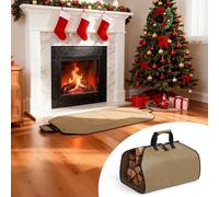 Firewood Carrier Firewood Bag and Fireproof Fireplace Mat Hearth Rug, Great Gift for Cabin, Large Fire Wood Sling Carrier with Handles, Protect Floors Carpets from Sparks Embers-Tan