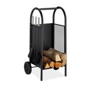 Relaxdays Firewood Cart with Companion, Steel Holder, 3-Piece Tool Set, Shovel, Broom & Poker, Black, plastic, rubber, 81 x 42 x 37 cm,10028779