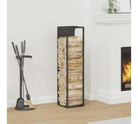 Firewood Rack Black 25x25x100 cm. Cold-Rolled Steel Sturdy with Wooden Top Seat