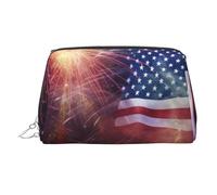 Firework American Flag 4Th of July Makeup Bag for Women Cosmetic Bags Leather Travel Makeup Case Organizer Waterproof Make up Pouch Open Flat Toiletry Bag Portable Storage Pouch for Travelling, Silver