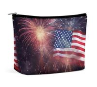 Firework American Flag 4Th of July Makeup Bag Wide-Open Travel Bag Organizer for Toiletry Make Up Cosmetic Waterproof Portable Zipper Pouch Purse Lightweight Small Makeupbag Gift for Women Girl