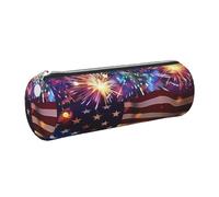 Firework American Flag 4Th of July Printed Leather Pencil Case Cute Stationery Organizer Round Makeup Bag Pen Pouch, Silver Zipper