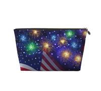 Firework American Flag 4Th of July Printed Leather Travel Toiletry Makeup Bag with Gold Zipper for Women on the Go