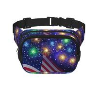 Firework American Flag 4th of July Square Double-Layer Waist Bag with All-Over Print,Durable Twill Fabric, Multi-Pocket Fanny Pack for Outdoor Sports Travel
