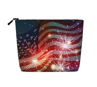 Firework American Flag Bright Printed Single-Layer Cosmetic Bag Faux Linen Material Large Capacity Coin Purse Travel and Business Trip Essential