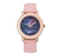 Firework U.S. Flag Heart Women's Watch Pink Rose Gold Strap Wristwatch Minimalist Easy Reader Watchec