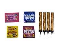 Firework Variety Pack - Crackling Balls, Strobe Pellets, Spinners & Saucers with 4 Ice Fountain Candles (Ultimate Pyro Bundle - 4-in-1 Variety Pack + (4) 10cm Ice Fountain Candles)