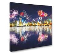 Fireworks Above the Chicago in Abstract Modern Canvas Wall Art Print Ready to Hang, Framed Picture for Living Room Bedroom Home Office Décor, 20x20 Inch (50x50 cm)