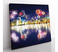 Fireworks Above the Chicago in Abstract Modern Canvas Wall Art Print Ready to Hang, Framed Picture for Living Room Bedroom Home Office Décor, 35x35 cm (14x14 Inch)