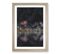 Fireworks Above The Chicago Painting Framed Print | A2 Oak Framed Wall Art | Ready to Hang | Modern Historical Picture | Living Room Bedroom Lounge Office