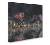 Fireworks Above the Chicago Painting Modern Canvas Wall Art Print Ready to Hang, Framed Picture for Living Room Bedroom Home Office Décor, 14x14 Inch (35x35 cm)