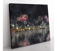 Fireworks Above the Chicago Painting Modern Canvas Wall Art Print Ready to Hang, Framed Picture for Living Room Bedroom Home Office Décor, 35x35 cm (14x14 Inch)