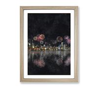 Fireworks Above The Chicago Painting Modern Framed Wall Art Print, Ready to Hang Picture for Living Room Bedroom Home Office Décor, Oak A4 (34 x 25 cm)