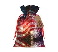 Fireworks American Flag Hemp Bundle Gift Bag,Christmas Bags Holiday Wrapping Bag For Christmas Party