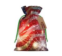 (Fireworks American Flag) Printed Christmas S Size Gift Bags with Green Ribbon Drawstring Candy Bags for Kids Xmas Holiday Christmas Eve Presents