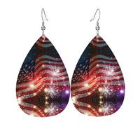 Fireworks American Flag Teardrop Leather Earrings Ladies Print Pendant With Hook Fashion Vintage Party Daily Wear