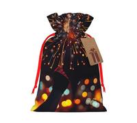 Fireworks at night Printed Christmas Drawstring Bags for Christmas Party Xmas Gift Wrapping, Red Ribbon, S