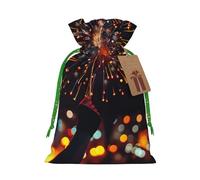 Fireworks at night Printed Christmas Drawstring Bags for Xmas Gift Wrapping, Green Christmas Ribbon, S