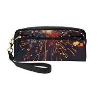Fireworks at Night Printed Leather Makeup Bags with Wrist Strap Portable Travel Toiletry Bag Cosmetic Organizer Bag for Women