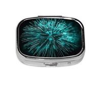 Fireworks Burst in ICY Blue and Teal Colors Pill Box Square Metal Pill Case with 2 Compartment Travel Pill Organizer for Vitamins Medication