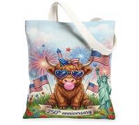 Fireworks Canvas Tote Bag for Women, Festive Patriotic Cow Flags Independence Day Red Washable Reusable Small Tote Bag Ideas for Family Friends Colleagues Reading Loves 13x15 Inch