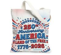 Fireworks Canvas Tote Bag for Women, Festive Patriotic Stars Bells Independence Day Red Washable Reusable Market Tote Ideas for Outdoor Travel Workday Reading 13x15 Inch
