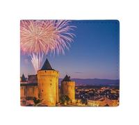 Fireworks Carcassonne Castle France Bifold Wallet with ID Window Leather Slim Wallet RFID Blocking Compact Purse for Men Women