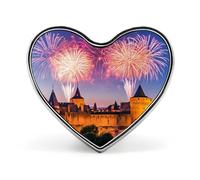 Fireworks Carcassonne Castle France Heart Badge Pin Metal Reel Pins Memorial Brooch Button Lapel Pins for Backpack Wedding