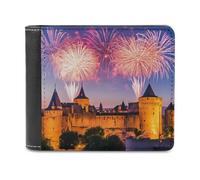 Fireworks Carcassonne Castle France Leather Wallet for Men Slim Bifold Wallet with Money Clip Minimalist Credit Card Holder