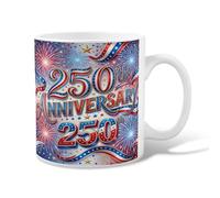 Fireworks Ceramic Coffee Mug, Celebratory Festive Stars Ribbons Anniversary Red Novelty Work Drinking Mugs with Handle Ideal for Friends Family Co-Worker Lovers Eldership Senior 11 Oz