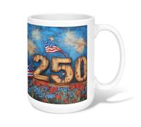 Fireworks Ceramic Coffee Mug, Festive Rustic Flags Stars Independence Day Blue Novelty Work Drinking Mugs with Handle Ideal for Friends Family Lovers Eldership Senior Co-Worker 15 Oz