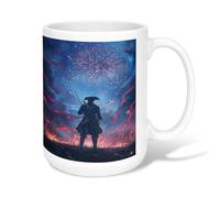 Fireworks Ceramic Coffee Mug, Patriotic Dramatic Soldier Ribbons Independence Day Blue Novelty Tea Cup with Handle Ideal for Friends Family Co-Worker Lovers Eldership Senior 15 Oz