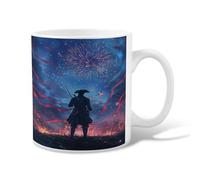 Fireworks Ceramic Coffee Mug, Patriotic Dramatic Soldier Ribbons Independence Day Blue Novelty Work Drinking Mugs with Handle Ideal for Friends Family Co-Worker Lovers Eldership Senior 11 Oz