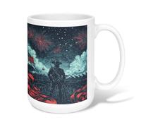 Fireworks Ceramic Coffee Mug, Patriotic Historical Soldier America Flag Independence Day Red Novelty Hot Chocolate Mug with Handle Ideal for Friends Family Lovers Eldership Senior Co-Worker 15 Oz