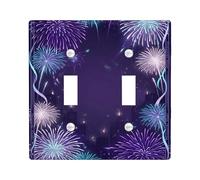 Fireworks Double Light Switch Cover Plate, Festive Modern Night Cityscape New Year Violet Plastic Standard Size Wall Switch Plates Accents for Home Living Room New Apartment Decor