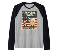 Fireworks Flags Fairness Liberty Justice USA Patriotic Raglan Baseball Tee