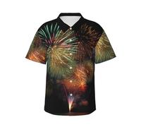 Fireworks Hawaiian Shirt for Men Beach Shirts Unisex Tropical Tops Summer Button Down Short Sleeve, Black, XL