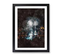 Fireworks Over Budapest In Hungary Painting Modern Framed Print | A4 Black Framed Wall Art | Ready to Hang | Modern Historical Picture | Living Room Bedroom Lounge Office
