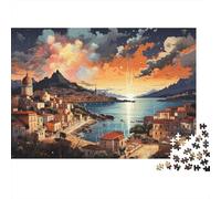 Fireworks over Coastal Town 1000 Pieces Harbor Sunset View Thick Cardboard Jigsaw Puzzle Teens 12-18 Party Game Logic Skill Creativity Activity Best Gift for Lovers 52x38cm/1000pcs