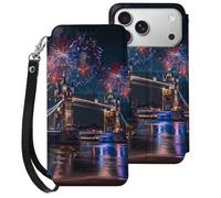 Fireworks over The Tower Bridge London Britain UK Compatible with iPhone 17 Pro Max Case PU Leather Flip Wallet Phone Cover Card Holder Women Men