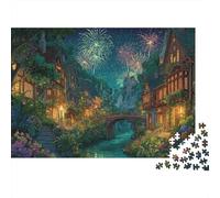 Fireworks over Village 1000 Piece Puzzles Beautiful View Forest Stream Town Home Decoration Educational Game for Men And Women Challenging Jigsaw Jigsaw Puzzles for Adults 38x26cm/1000pcs