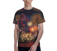 Fireworks Print Men Short Sleeve Crew Neck T-Shirt Stylish Casual Summer Various Occasions Wear Black