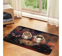 Fireworks Print Pet Food Mat Absorbent Non Slip PU Leather Feeding Mat for Dogs Cats Rubber Bottom