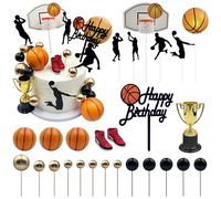 Firleayo 25pcs Basketball Cake Toppers Basketball Theme Cake Decoration Black Gold Balls Player Cupcake Decorations Happy Birthday Sign Topper for Boy Men Birthday Sport Party Supplies