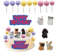 Firleayo Dog Cake Decorations Puppy Cake Toppers Dog Themed Cupcake Topper Miniature Pet Dog Puppy Figurines Pink Purple Yellow Ball Cupcake Toppers for Birthday Baby Shower Party Supplies